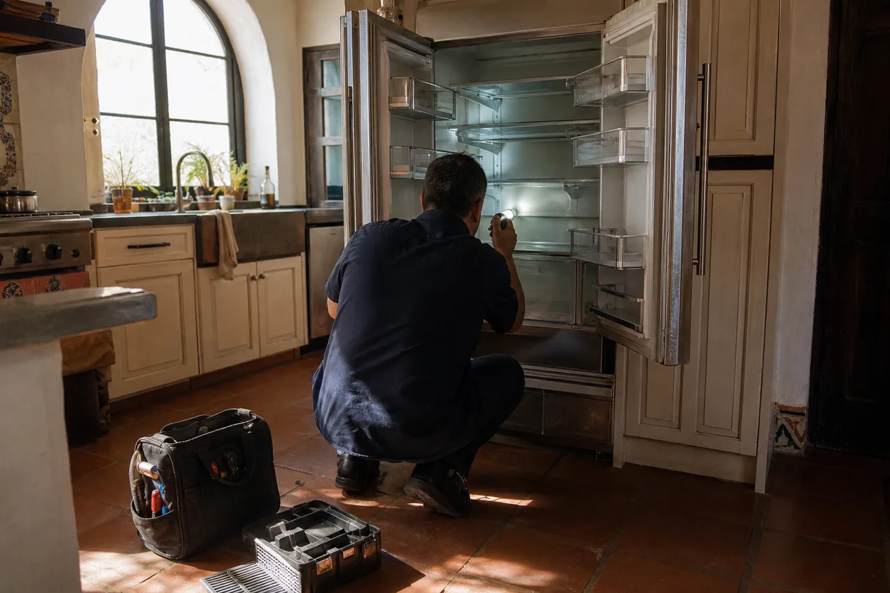 Technician crouched on a terracotta tile floor before a built-in refrigerator with cream cabinet-panel doors swung wide, a flashlight aimed at the empty glass shelves and a tool bag beside him