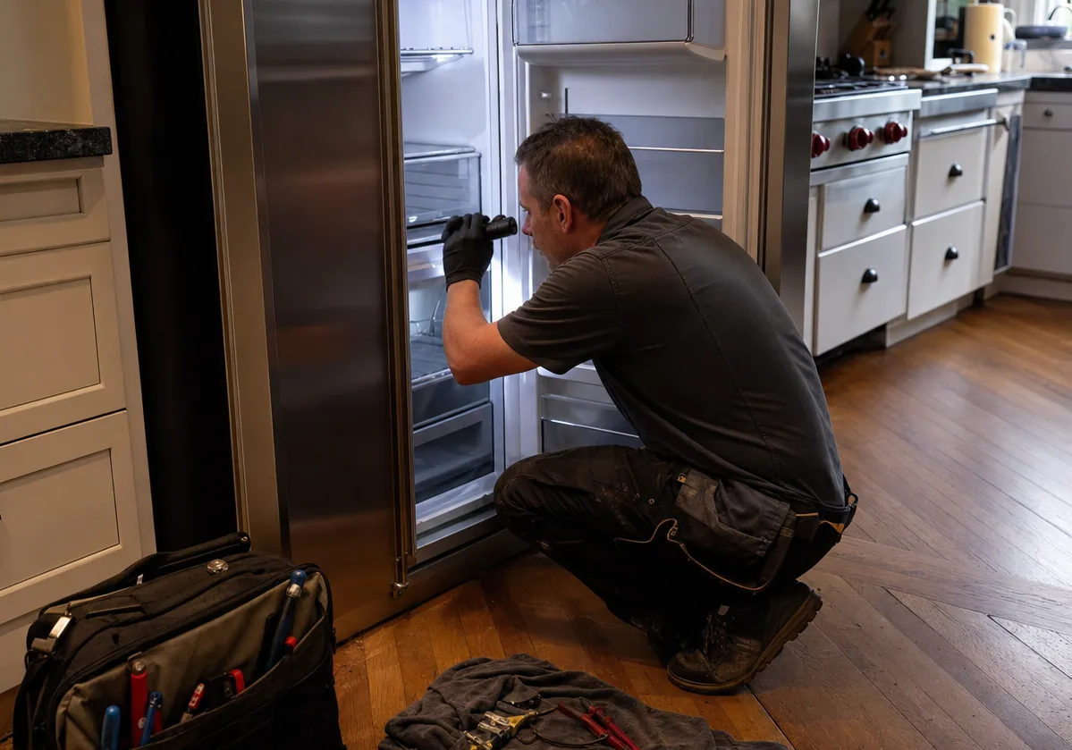 A technician crouched on a herringbone floor shining a light into the empty cabinet of an open built-in refrigerator, his open tool bag on the boards behind him